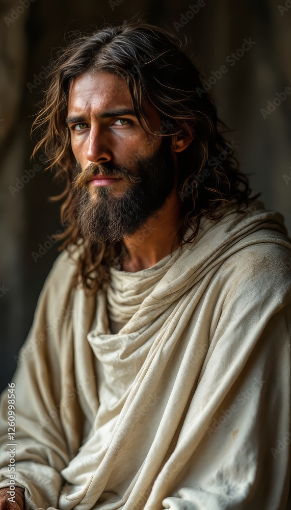 Fototapeta premium A contemplative man with a beard in traditional draped fabric portrait