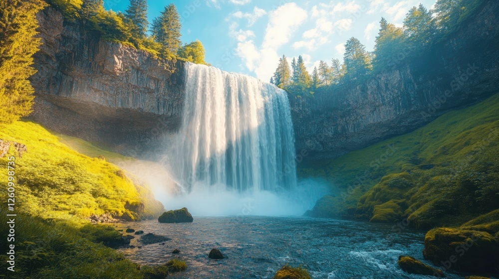 Fototapeta premium Waterfall cascading from rocky cliff into a pristine river, surrounded by lush green vegetation