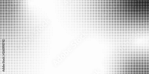 halftone noise gradient texture. Grunge dirty speckles and spots background. White and black faded sand grain wallpaper. Retro pixelated comic horizontal backdrop.