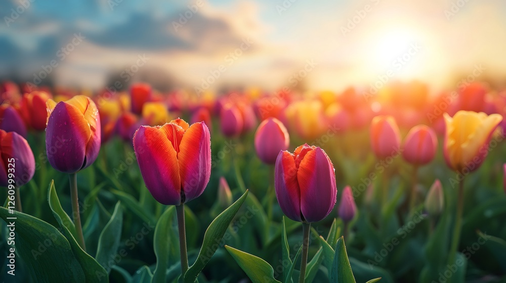 Obraz premium Colorful tulips blooming in a field at sunset