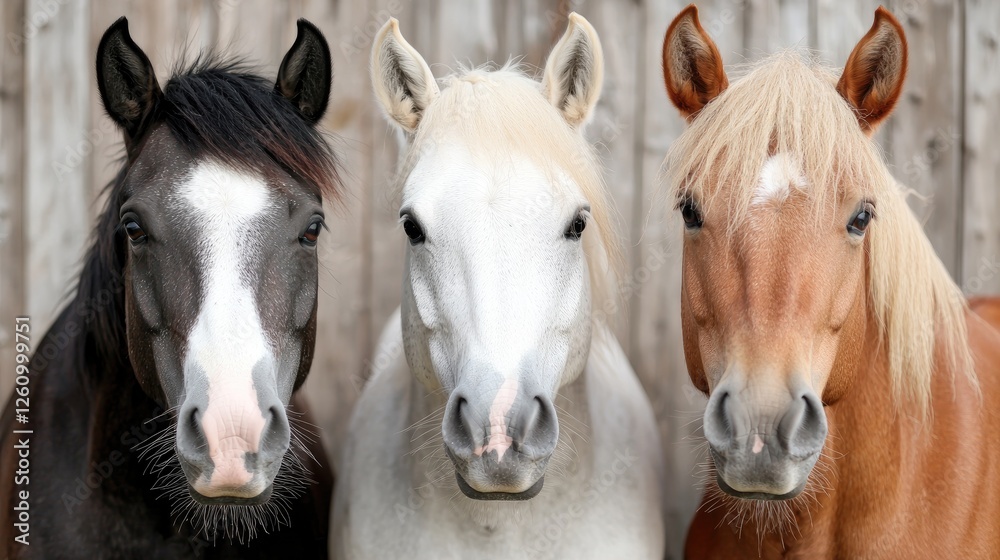 Obraz premium Three horses posing against wooden fence