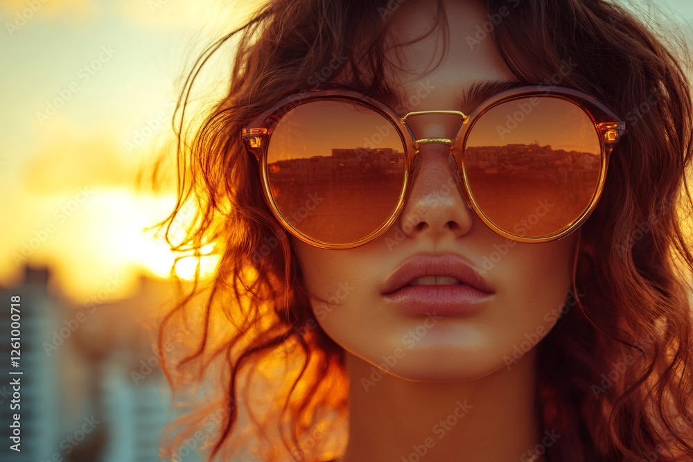 Fashion model wearing sunglasses at sunset reflecting city skyline Fashion model wearing sunglasses at sunset reflecting city skyline