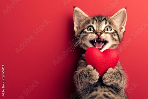 Savannah - my cherished cat. Marketing idea. Cute savannah baby cat with critter toy red heart - emblem of love, funny greeting card. February pet love. Red love-themed animal image.