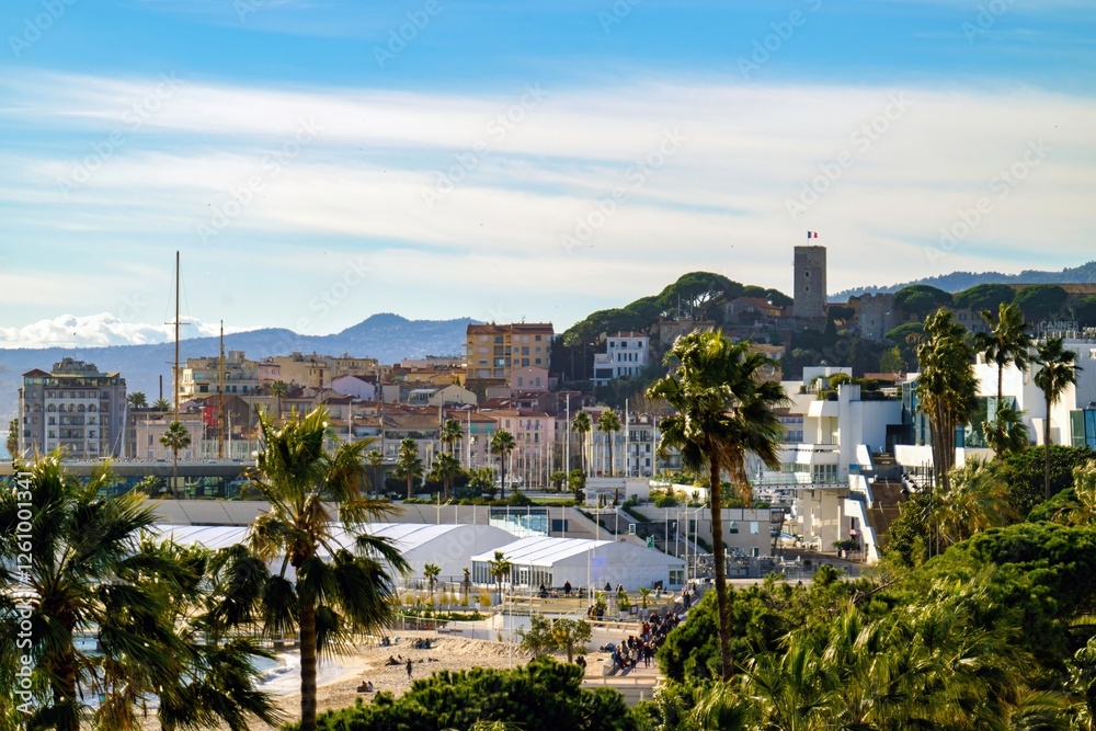 Cannes beach and castle, buildings and palm trees, France