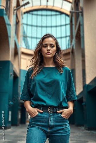 Confident young woman in teal shirt and jeans standing tall in modern urban architecture