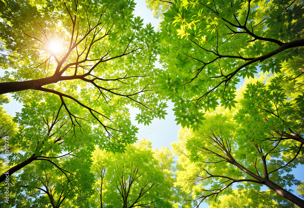 Fototapeta premium Lush green tree canopy with sunlight filtering, serenity of nature