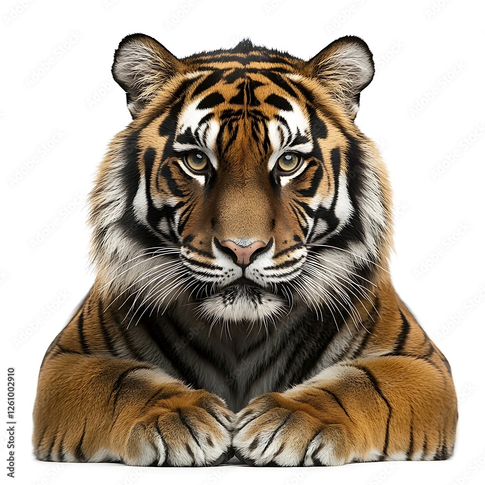 Obraz premium Majestic tiger portrait, intense gaze, white background, wildlife conservation