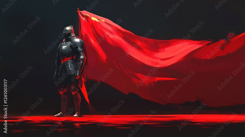 Fototapeta premium Knight, red flag, dark stage, power