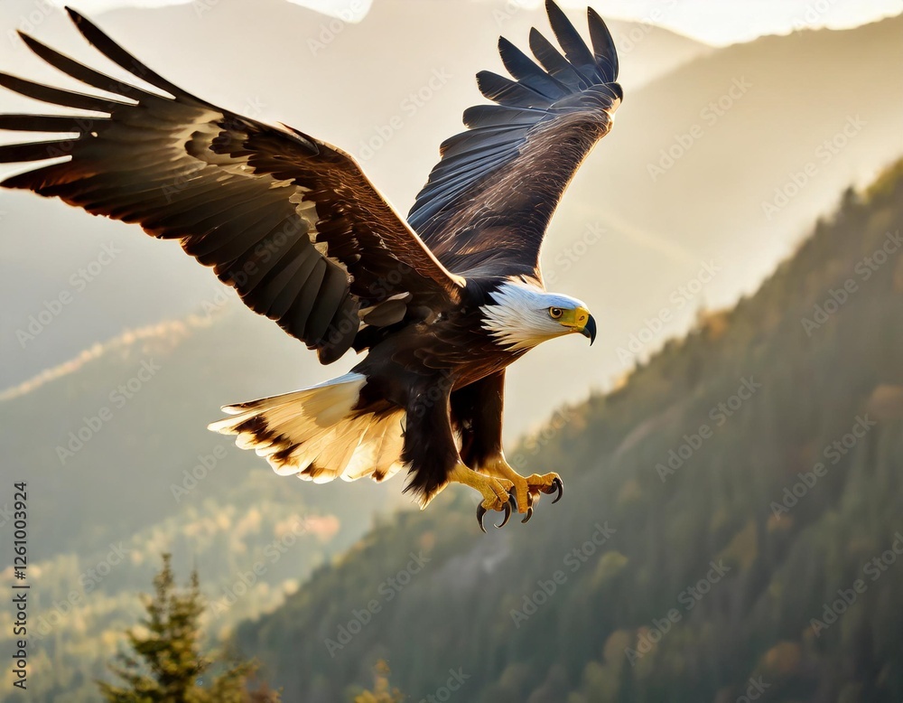 A close-up of a majestic eagle soaring high above a misty mountain range, with golden sunlight illuminating its wings. A close-up of a majestic eagle soaring high above a misty mountain range, with golden sunlight illuminating its wings.