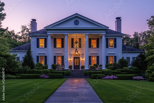 Luxurious colonial house with illuminated windows at dusk