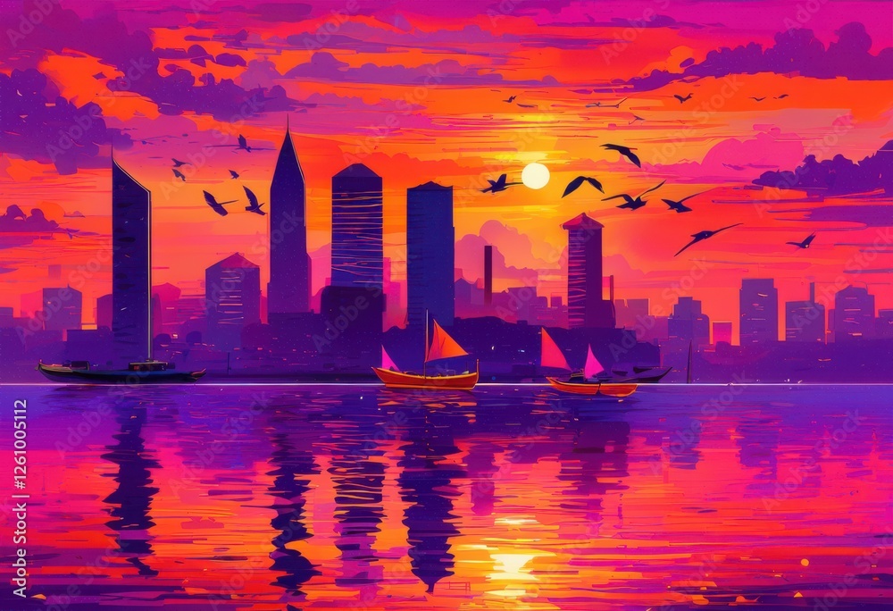 Fototapeta premium vibrant city skyline reflected water during showcasing brilliant colors lively atmosphere, sunset, reflection, buildings, horizon, clouds, orange, pink