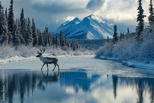 A reindeer standing in the middle of a frozen lake with mountains in the background