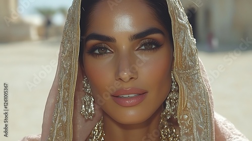 Beautiful Woman in Elegant Gold Embroidered Veil