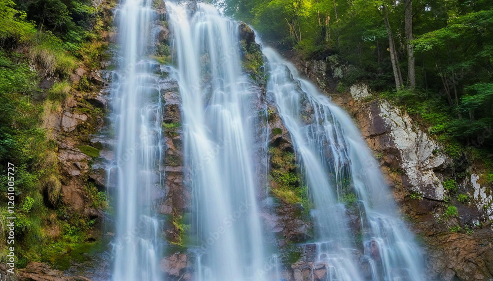 Fototapeta premium Waterfall Orchestra: A cascading waterfall whose flowing water produces musical notes as it flows over rocks. The scene is filled with musical elements like piano keys floating in the air and violin s