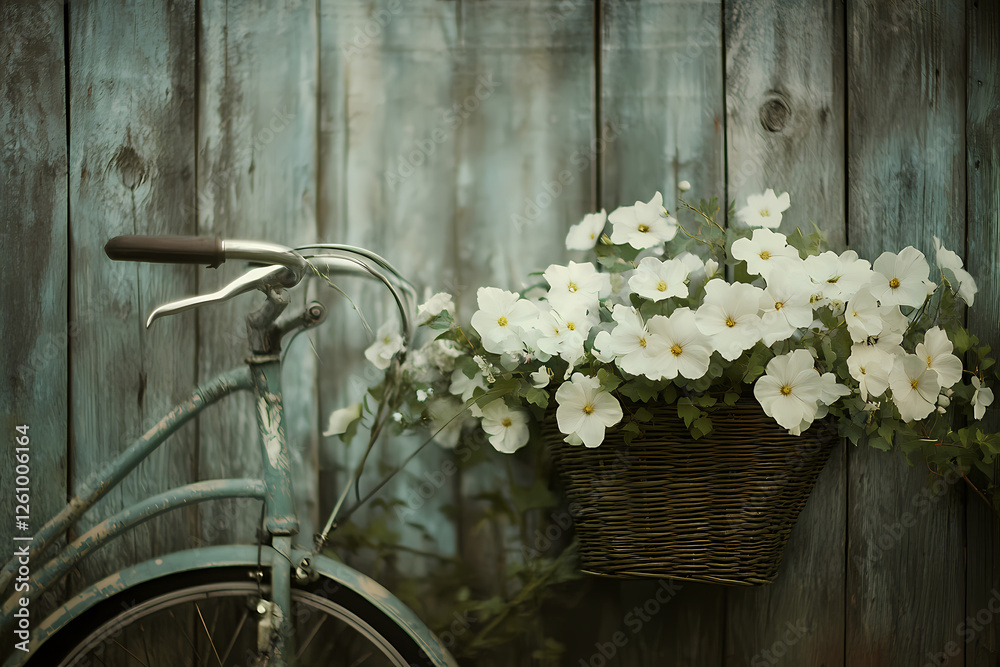 Fototapeta premium Vintage Charm: A rustic charm emanates from a vintage bicycle, its handlebars adorned with a basket overflowing with delicate white blossoms, leaning against a weathered wooden fence.