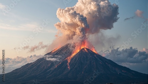 Dramatic volcanic eruption with billowing smoke plume