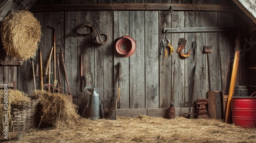 Rustic barn interior, tools, hay, farming