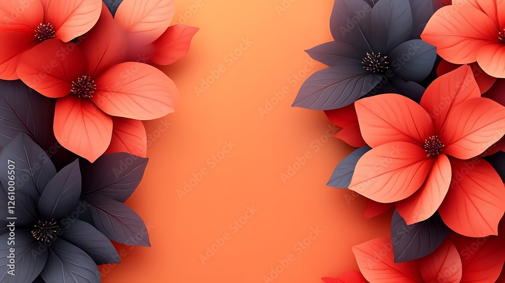 Obraz premium Coral and Dark Flowers Frame Orange Background