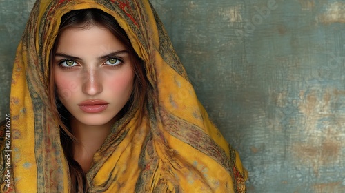 Young Woman in Golden Headscarf Gazing Directly Forward
