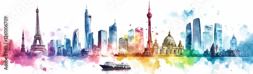 Panel kuchenny z motywem Global Cityscapes in Watercolor: A vibrant watercolor painting captures the iconic skylines of major world cities, creating a colorful and dynamic representation of global travel and urban landscapes.