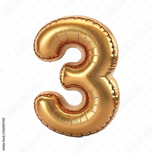 realistic 3d number 3 with made by the 3d ballon in different gold colour style isolated on white background