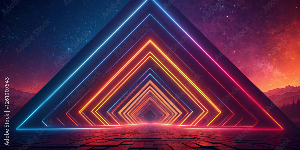 Fototapeta premium A series of glowing neon triangles creates a tunnel effect, leading the eye towards a distant vanishing point. Deep blue and bright orange hues enhance the futuristic feel.AI
