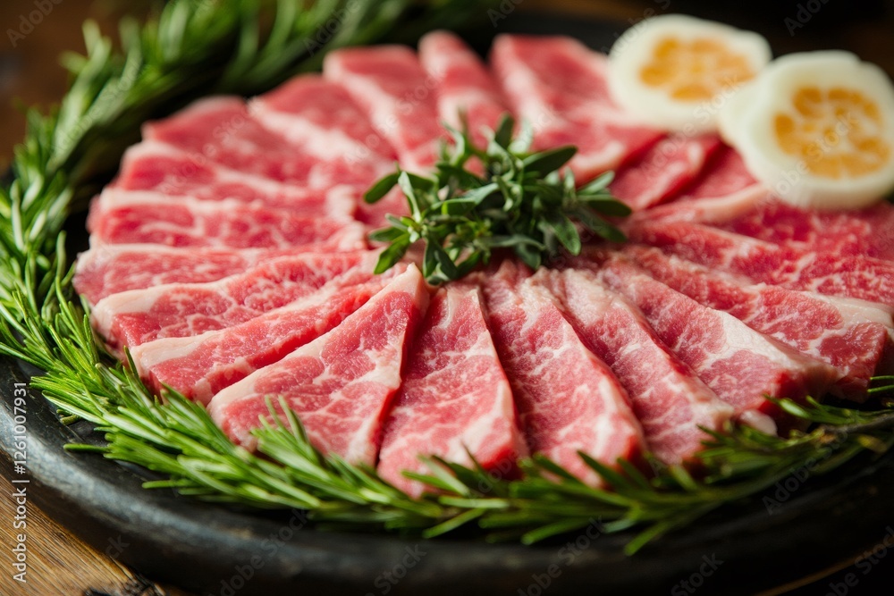 Freshly sliced marbled beef with herb garnish Freshly sliced marbled beef with herb garnish