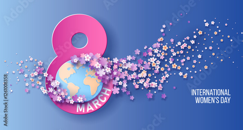 Women day background with flying flowers. 8 March invitation card. Vector illustration. Paper cut style