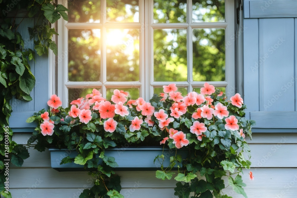 Fototapeta premium Window box bursting with vibrant pink flowers in sunlight