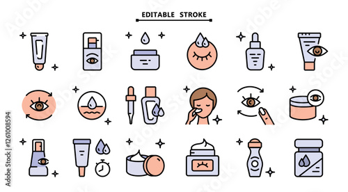 Eye Cream color icons set. Editable stroke. Skin care flat symbols collection. Creative Eye Cream. Vector isolated drawing