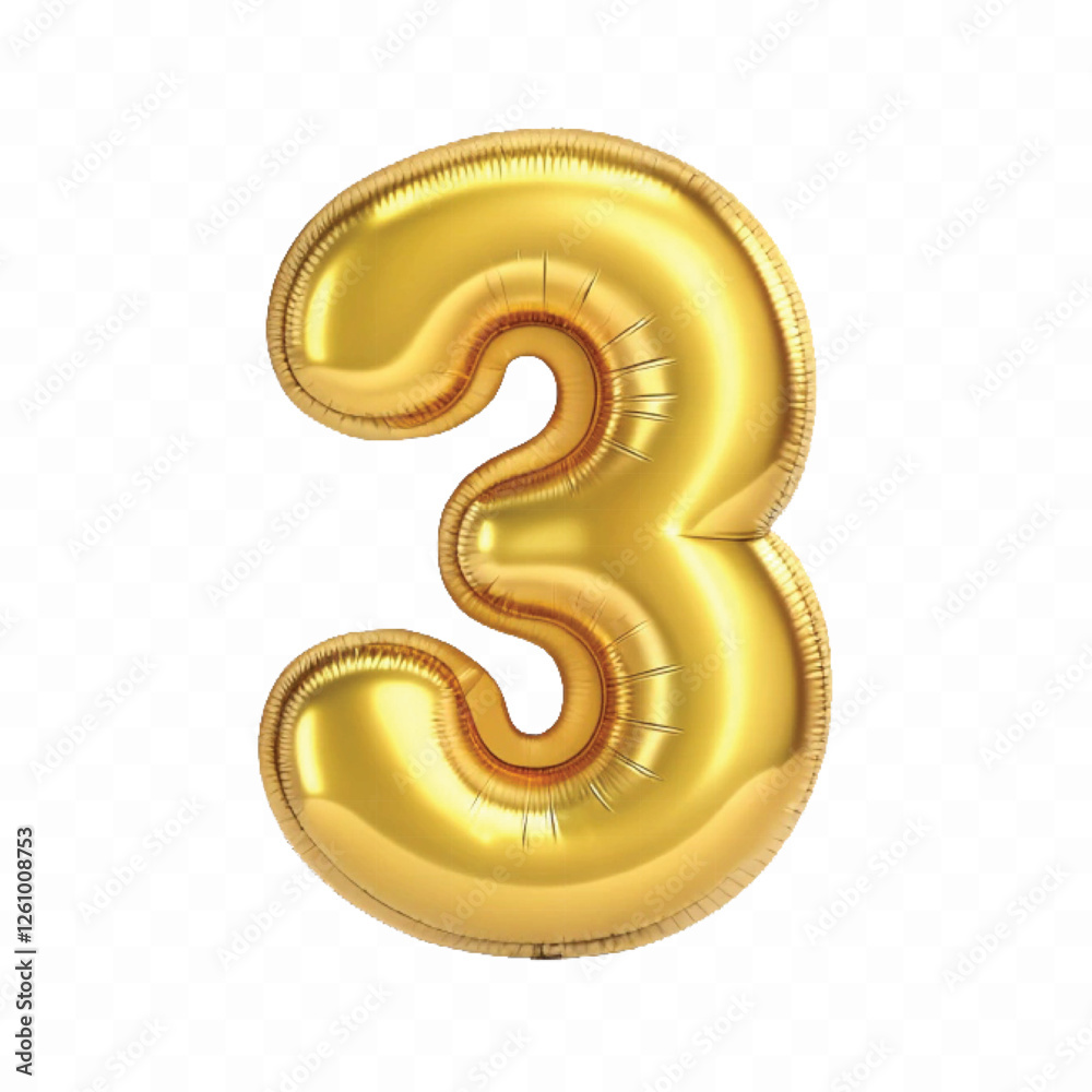 realistic 3d number 3 with made by the 3d ballon in different gold colour style isolated on white background realistic 3d number 3 with made by the 3d ballon in different gold colour style isolated on white background