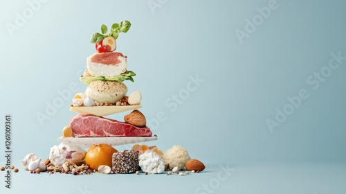 Ketogenic food pyramid and assorted foods on blue background for healthy eating concept