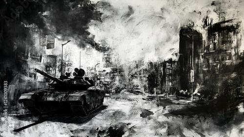 Panel kuchenny z motywem Apocalyptic urban warfare scene with an armored military vehicle amidst smoke filled rubble debris and destroyed buildings in a chaotic gritty and dramatic cityscape environment