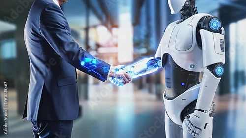 Businessman and droid handshake as concept for people and AI advanced technology collaboration. Artificial intelligence employment replace human workforce. Business employing neural robot machines
