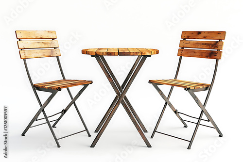 Wooden bistro table and two chairs with folding metal frames on a clean white background.