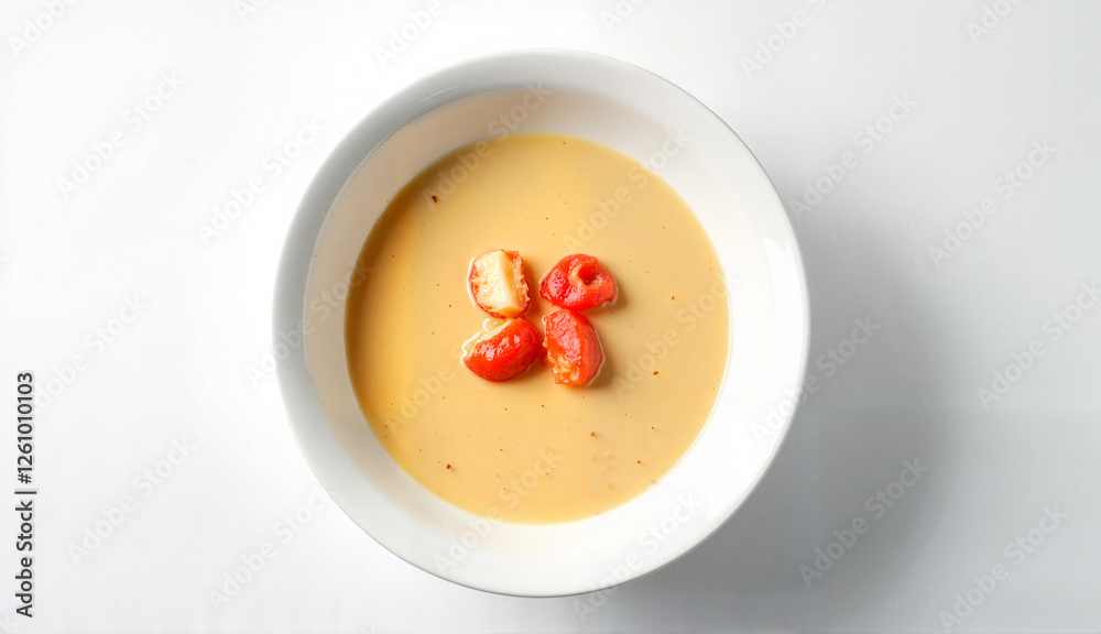 Creamy lobster bisque in a white bowl garnished with cherry tomatoes on a light background