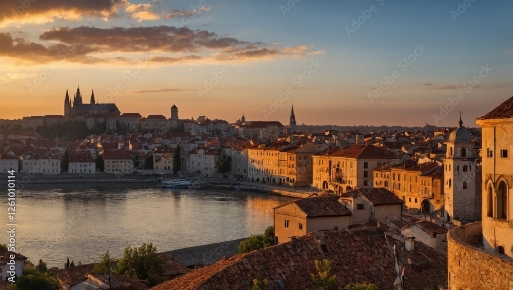 Naklejka premium Sunset over the old town on the river