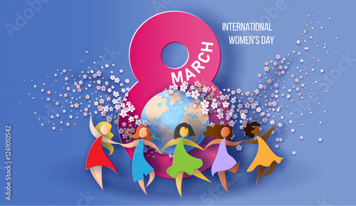 International Women s Day 8 March card. Women different nationality dance