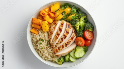 Bowl of rice with grilled chicken quinoa and mixed vegetables including broccoli
