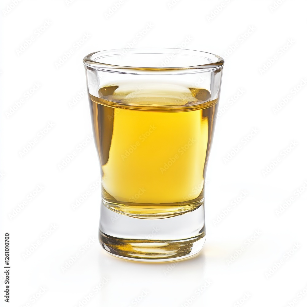 Amber Liquid in Small Shot Glass on White Background Amber Liquid in Small Shot Glass on White Background
