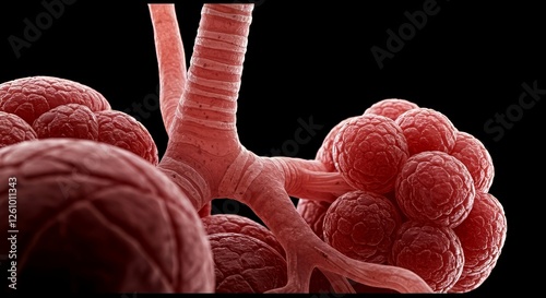 Detailed medical illustration of alveoli in the lungs, showcasing the intricate structure crucial for gas exchange and respiration. Ideal for medical, educational, and scientific purposes.