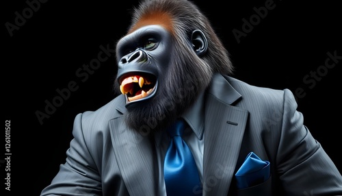 Aggressive huge laughing gorilla, dressed up like business man. Great ape in an expensive grey business suit, blue tie on dark background. Primate confidently, laughs and looks back. photo