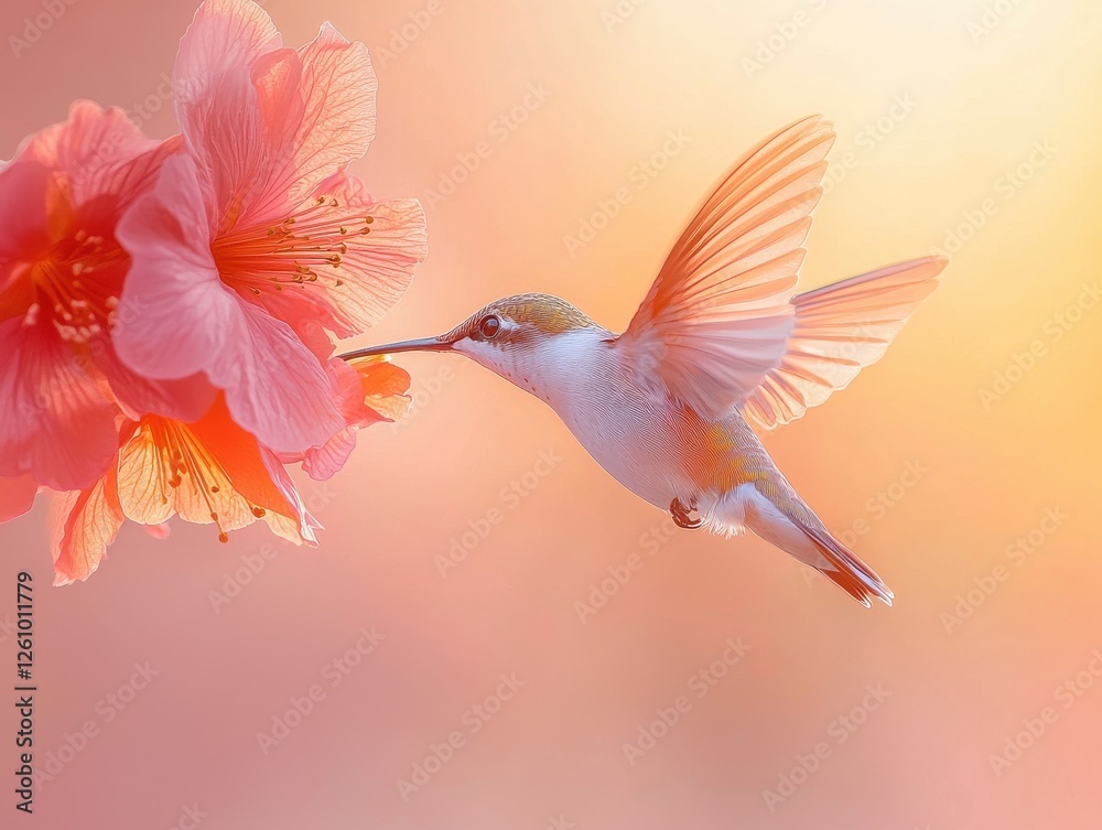 Obraz premium Hummingbird feeding on cherry blossom flower nature scene close-up view serene environment