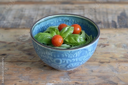 Bowl of green pasta with cherry tomatoes basil on rustic wood