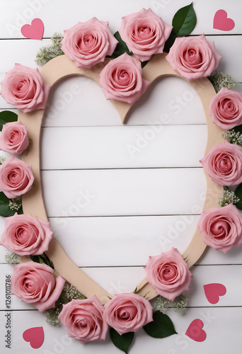 Pink rose flowers and heart with space for text
