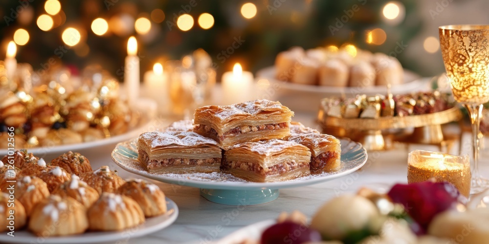 festive dessert display, a luxurious eid dessert table with baklava, maamoul, and sheer khurma, set against a festive candle-lit background festive dessert display, a luxurious eid dessert table with baklava, maamoul, and sheer khurma, set against a festive candle-lit background