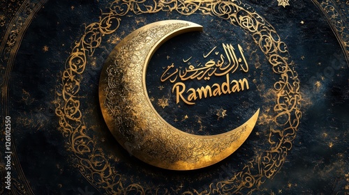 Close-Up of a Golden Crescent Moon Surrounded by Intricate Islamic Calligraphy, with the Word 