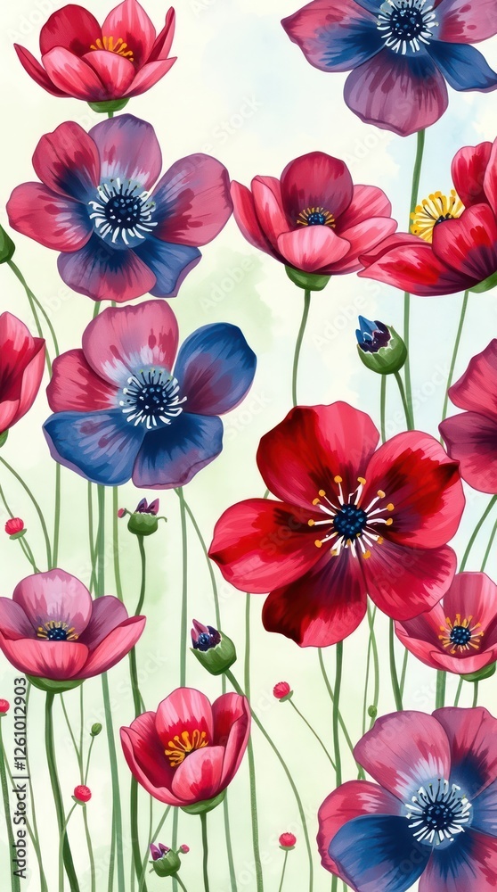 Obraz premium Delicate and vibrant flowers in rich warm and cool tones fill the composition, blending harmoniously into a light background, perfect for seasonal designs