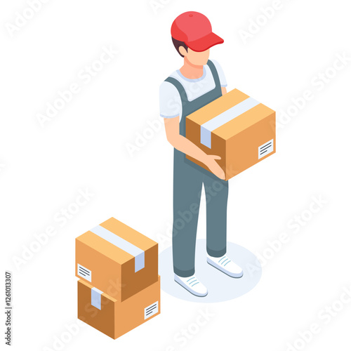 Delivery Worker Carrying Packages - Isometric Illustration