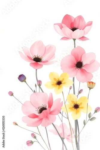 Wallpaper Mural A vibrant arrangement of delicate flowers in warm and cool tones adorns a light background, showcasing their elegant beauty ideal for various decorative purposes Torontodigital.ca